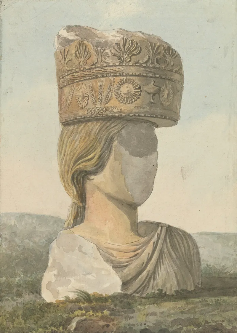 Faceless bust of a statue supporting a broken capital on her head, from Views in the Levant.