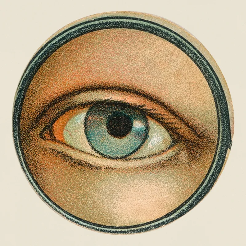 Vintage illustration of a blue eye viewed through a monocle.