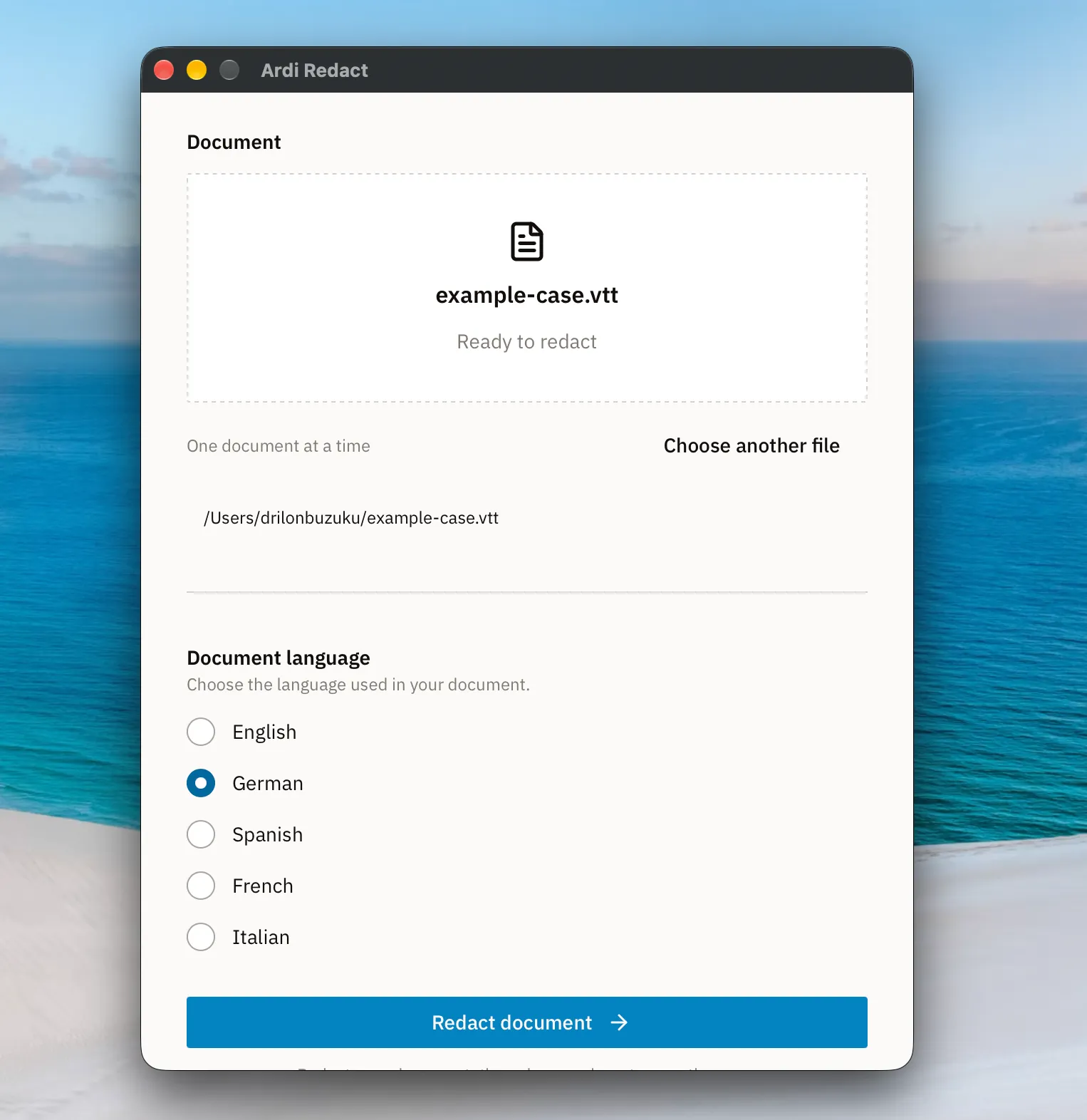 Ardi Redact with a WebVTT transcript selected and the document language options shown