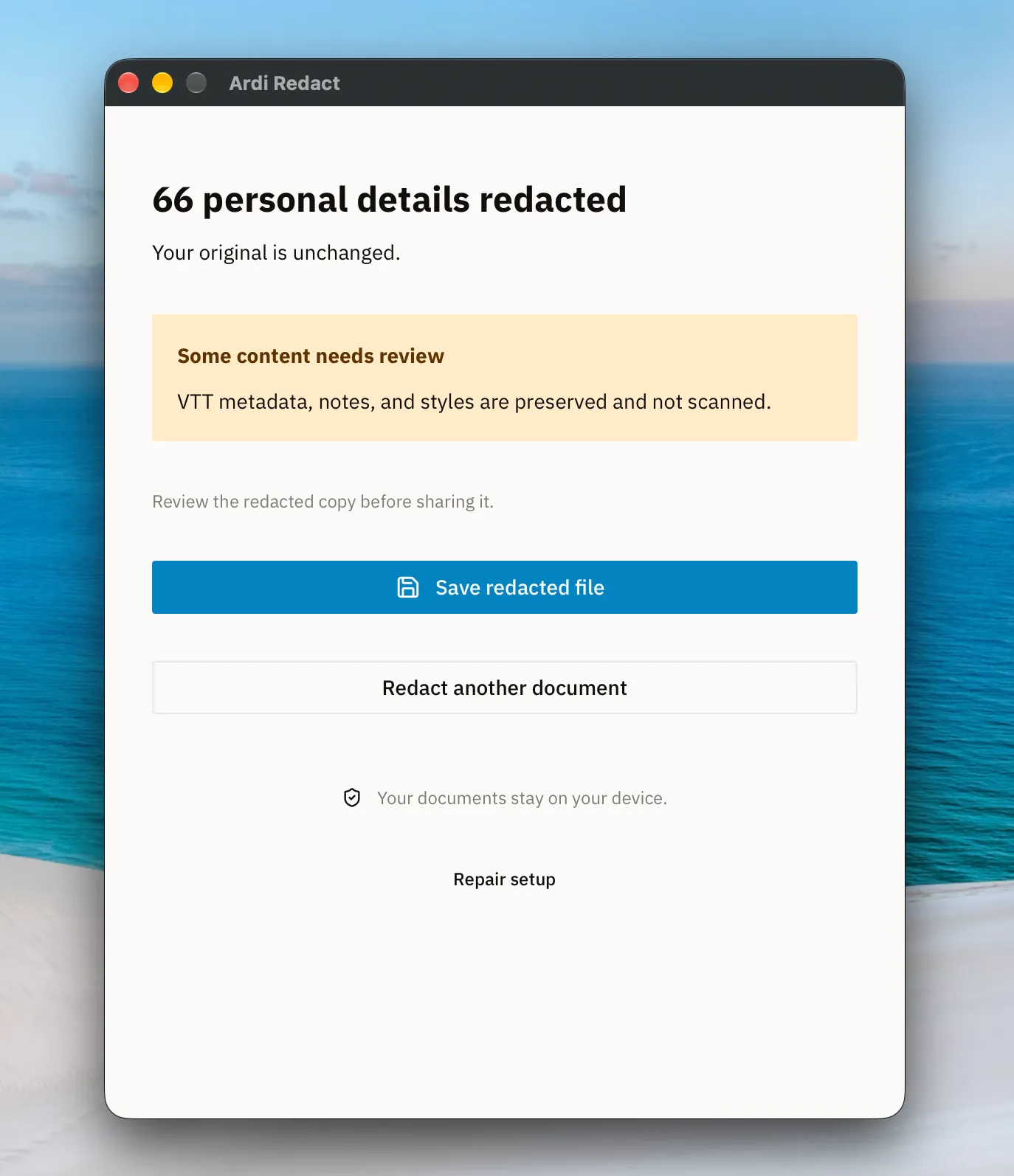 Ardi Redact results showing detected personal details, a WebVTT review warning, and the save button