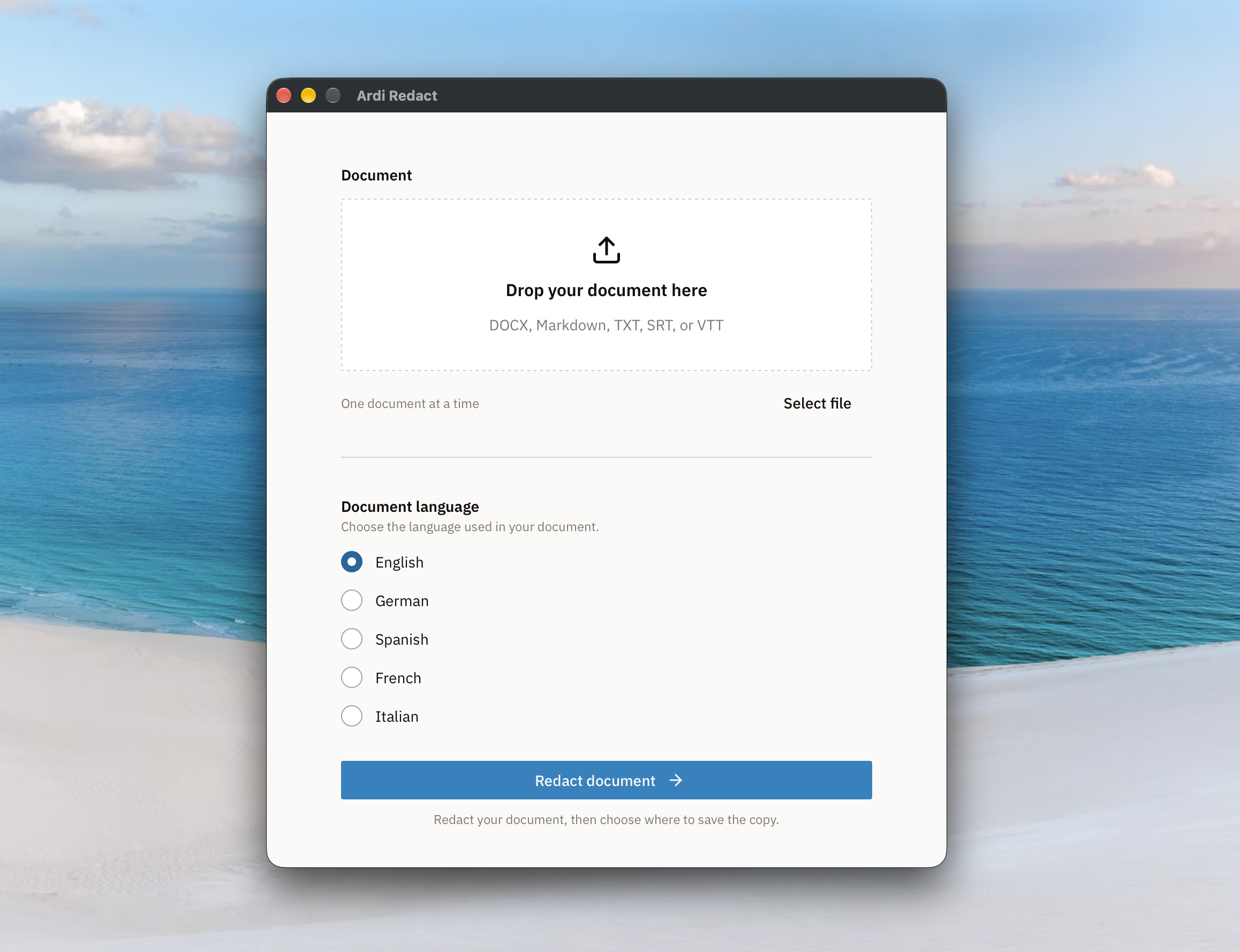 Ardi Redact showing document upload and language selection